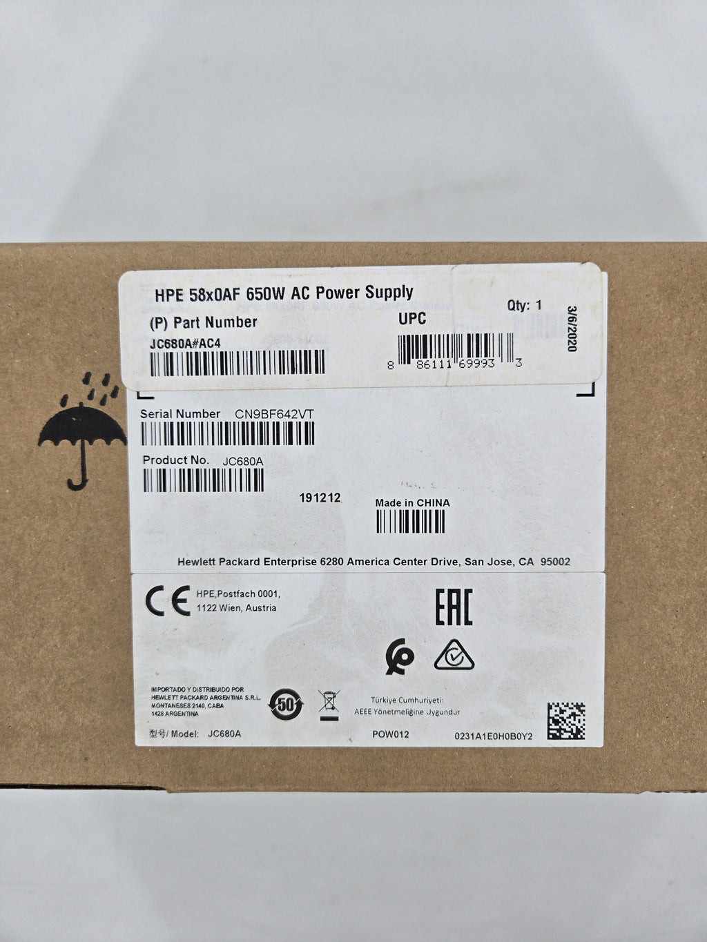 HPE A5800 Series 650W AC Power Supply JC680A#AC4 Standard Brazil 3-prong