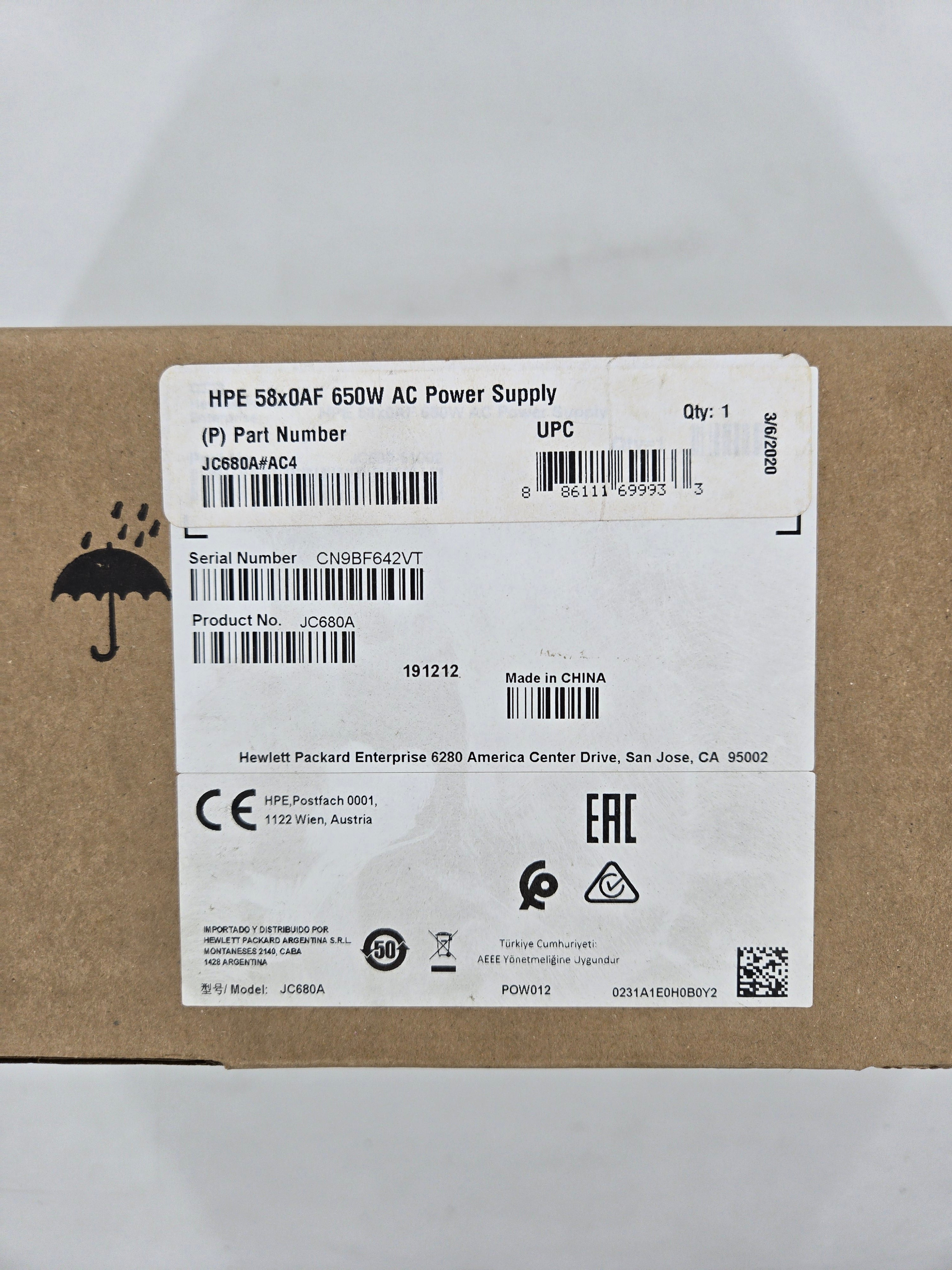 HPE A5800 Series 650W AC Power Supply JC680A#AC4 Standard Brazil 3-prong