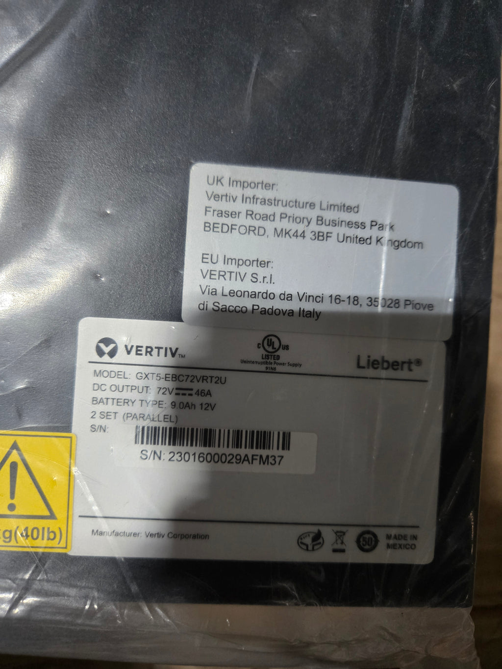 Vertiv Liebert GXT5-EBC72VRT2U Battery For 72V Liebert GXT5 UPS 3kVa