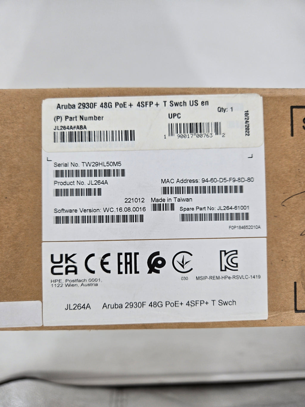 JL264A HPE Aruba 2930F 48G PoE+ 4SFP+ TAA-compliant Switch