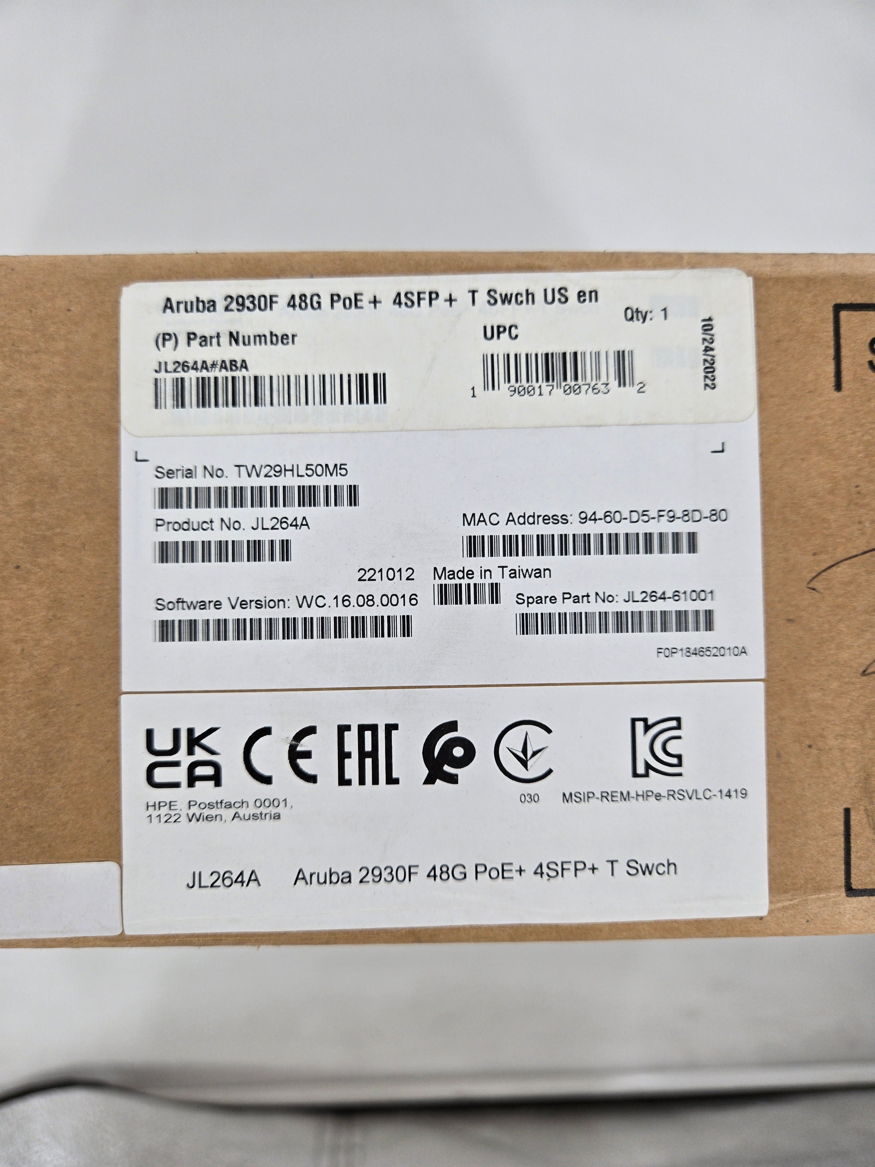 JL264A HPE Aruba 2930F 48G PoE+ 4SFP+ TAA-compliant Switch