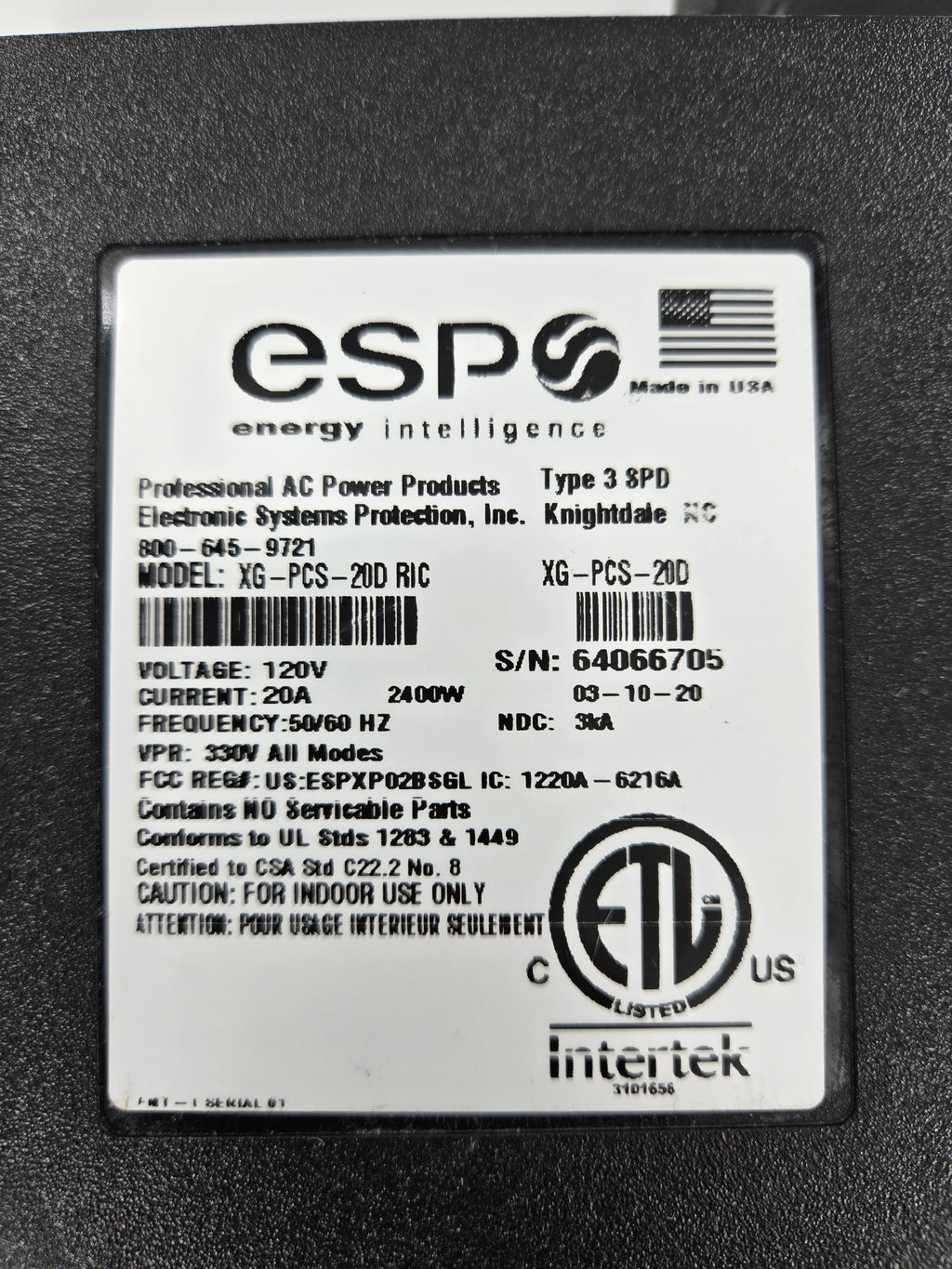 LOT OF 2 ESP Next Gen XG-PCS-20D Surge Protector Noise Power Monitor 120V 20A