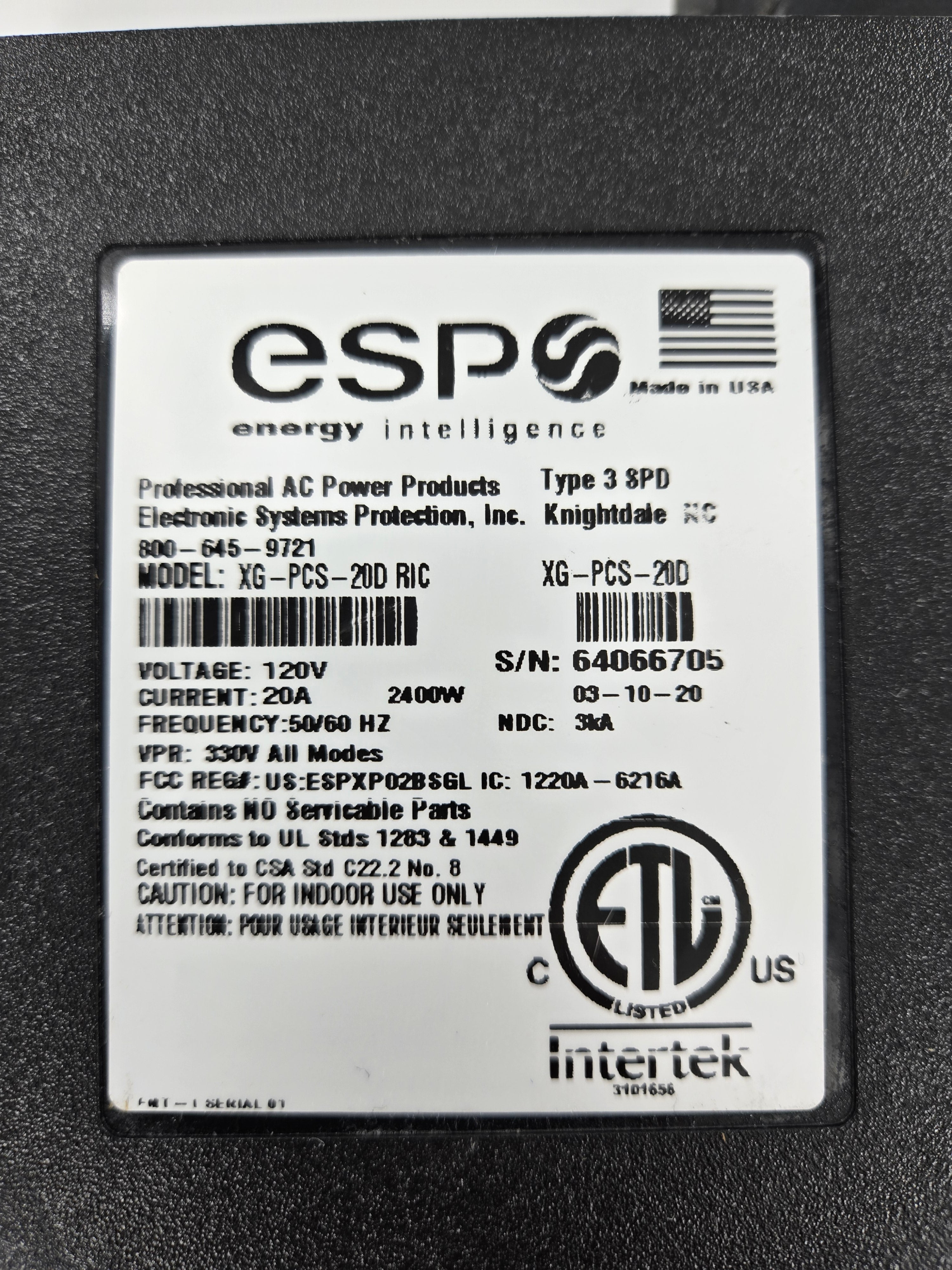LOT OF 2 ESP Next Gen XG-PCS-20D Surge Protector Noise Power Monitor 120V 20A