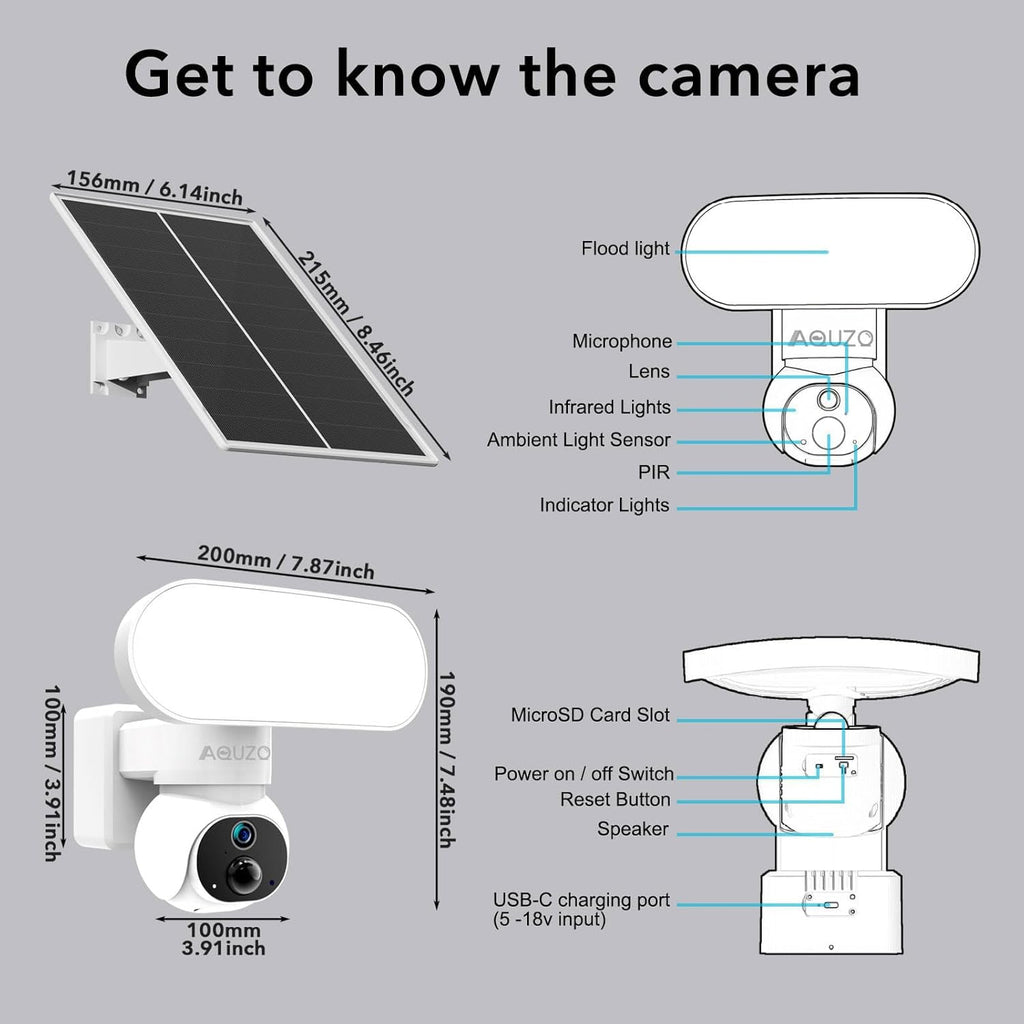 Aquzo Solar-Powered Floodlight Security Camera Wireless Outdoor 2K Night vision