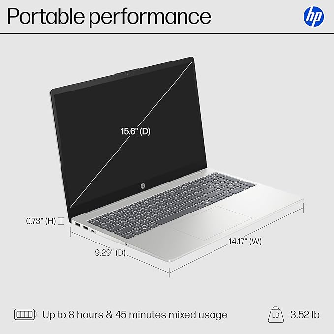 HP 15.6 inch Laptop, HD Touchscreen Display, AMD Ryzen 3 7320U, 8 GB RAM, 128 GB