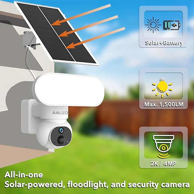 Aquzo Solar-Powered Floodlight Security Camera Wireless Outdoor 2K Night vision