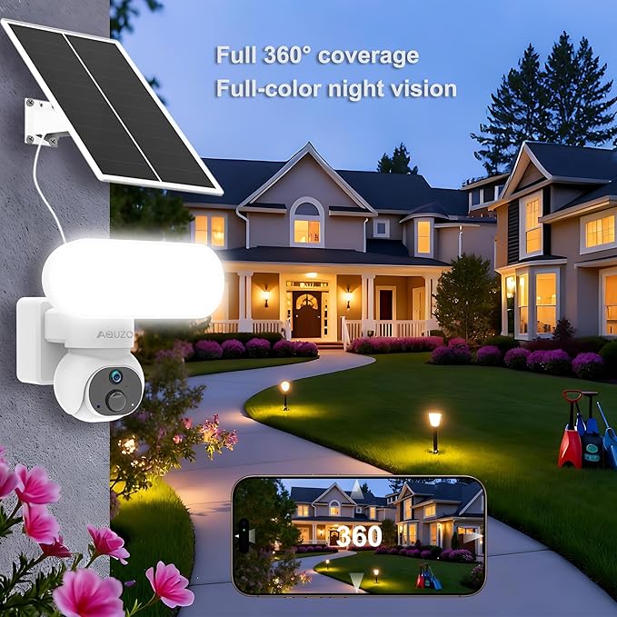 Aquzo Solar-Powered Floodlight Security Camera Wireless Outdoor 2K Night vision