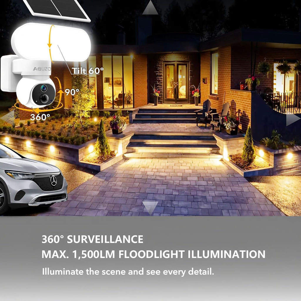 Aquzo Solar-Powered Floodlight Security Camera Wireless Outdoor 2K Night vision
