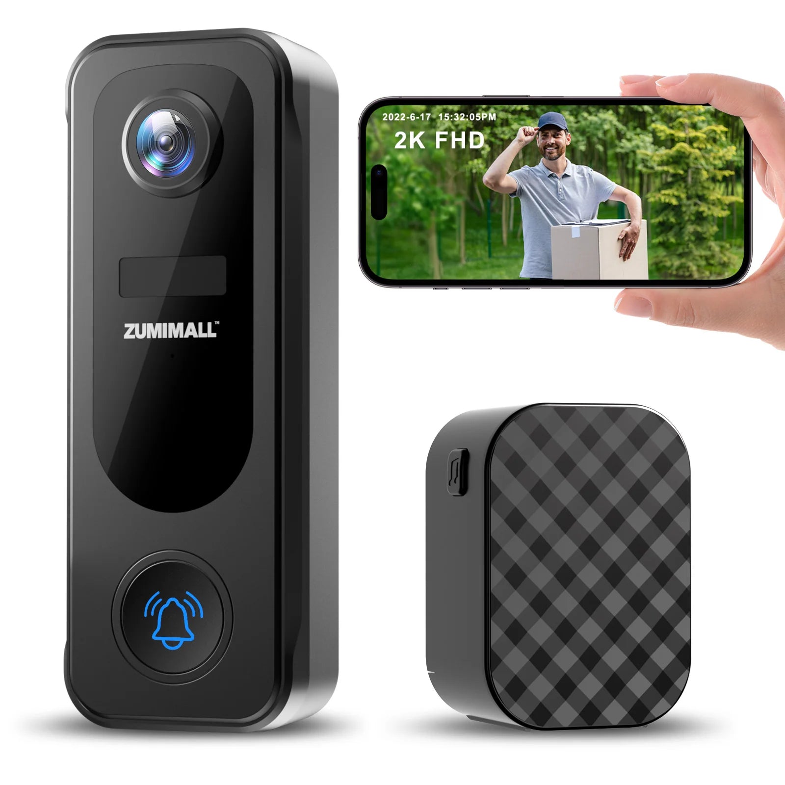 ZUMIMALL 2K Battery Powerd 2.4G WiFi Video Doorbell Camera with Chime-P8
