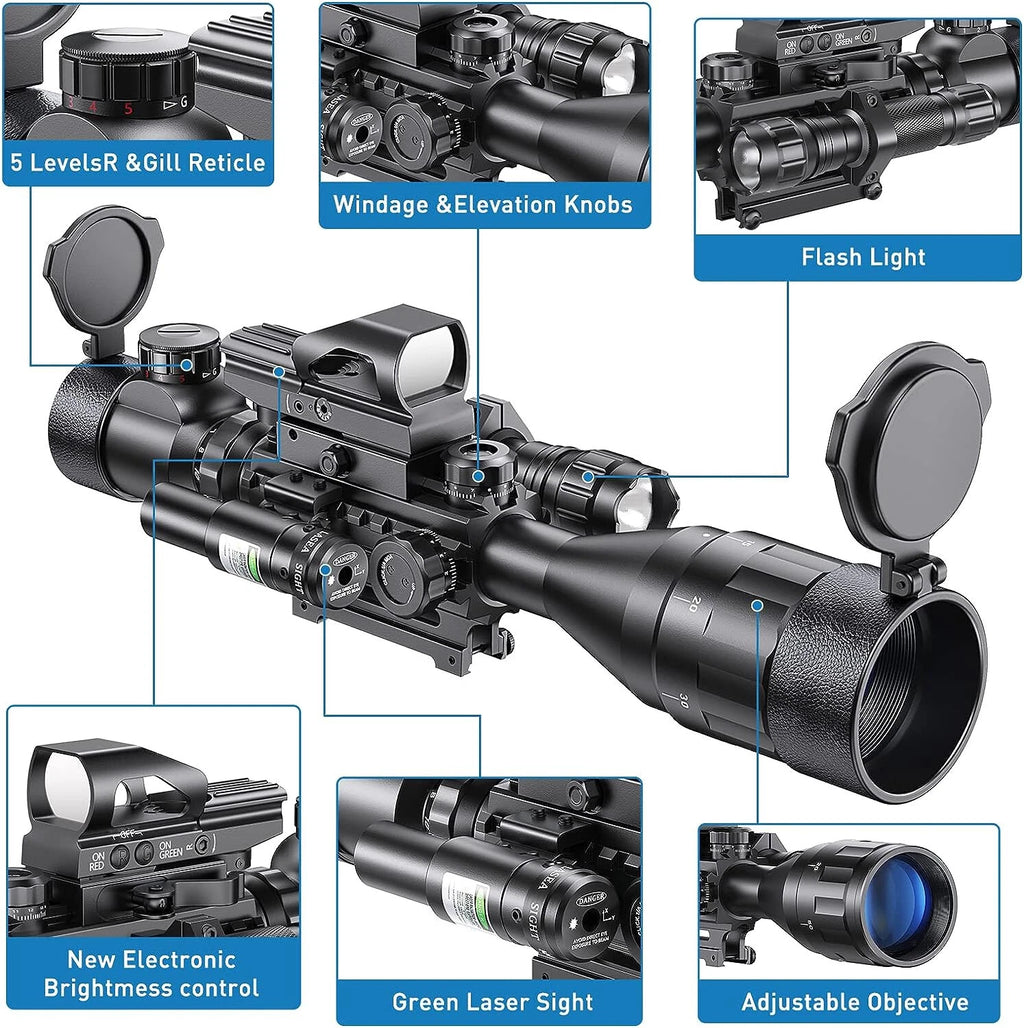 Qande 4-16x50AO Rifle Scope Red/Green Illuminated Reflex with Green Laser Sight