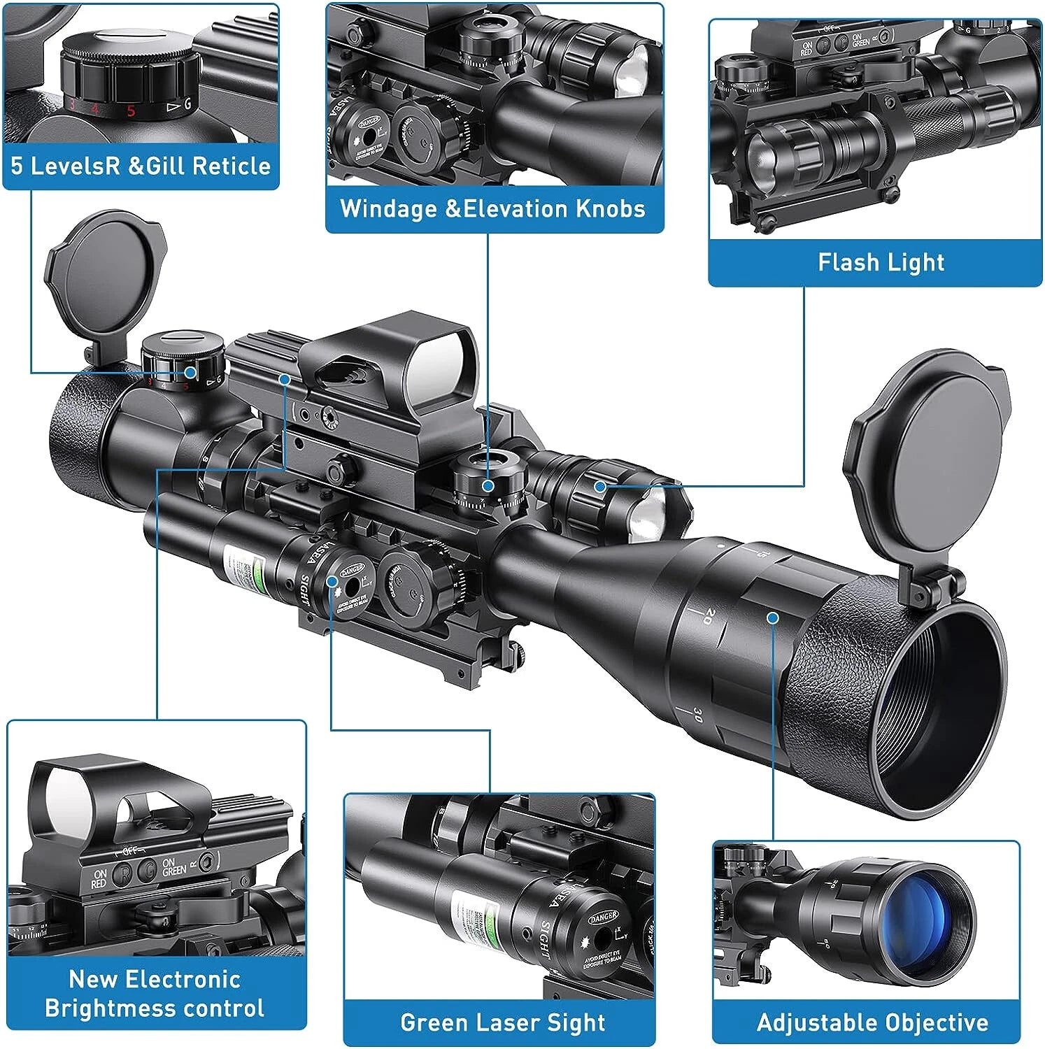 Qande 4-16x50AO Rifle Scope Red/Green Illuminated Reflex with Green Laser Sight