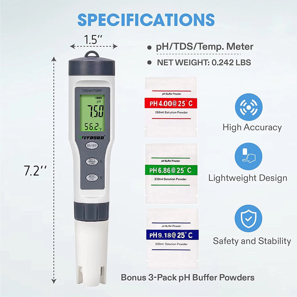 3-in-1 Digital PH/TDS/TEMP Meter w/ ATC 0.1 PH Water Quality Tester Pen