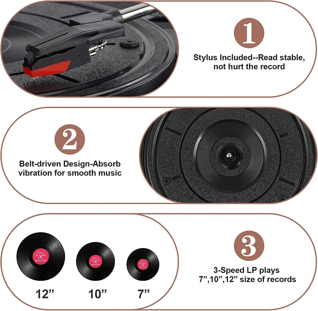 Vinyl Record 3 Speed Player Wireless Bluetooth Turntable with Built-in Speakers