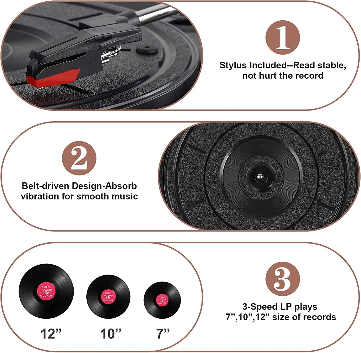 Vinyl Record 3 Speed Player Wireless Bluetooth Turntable with Built-in Speakers