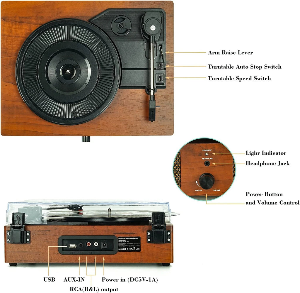 Vinyl Record 3 Speed Player Wireless Bluetooth Turntable with Built-in Speakers