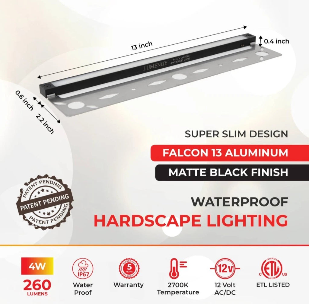 LUMENGY 13-inch 4w Super Slim LED Solid Black Hardscape Lights 2700k Single pack