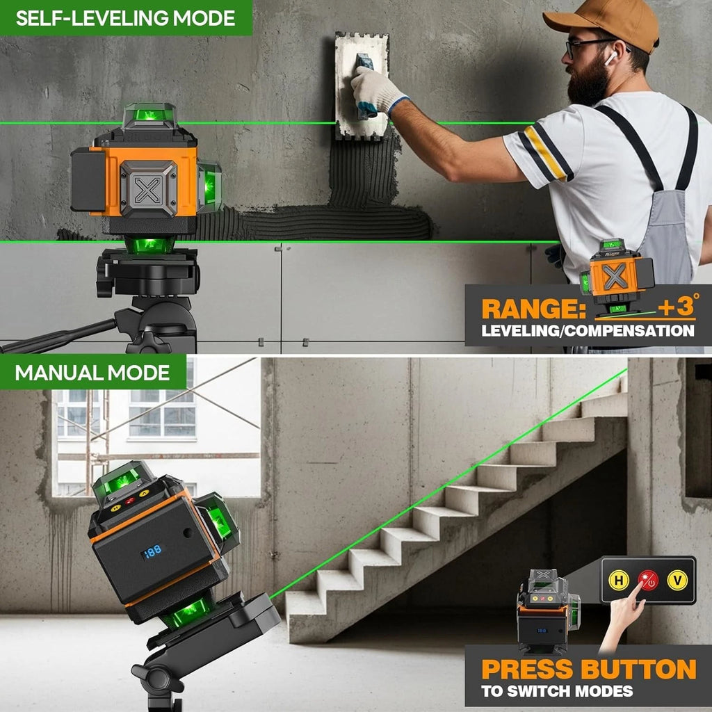 Alloyman Laser Level 4 x 360 Self-Leveling with Tripod, 16 Line Green 4D, ALS360
