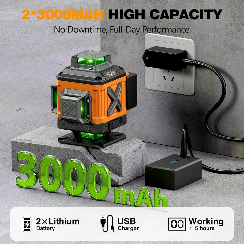 Alloyman Laser Level 4 x 360 Self-Leveling with Tripod, 16 Line Green 4D, ALS360