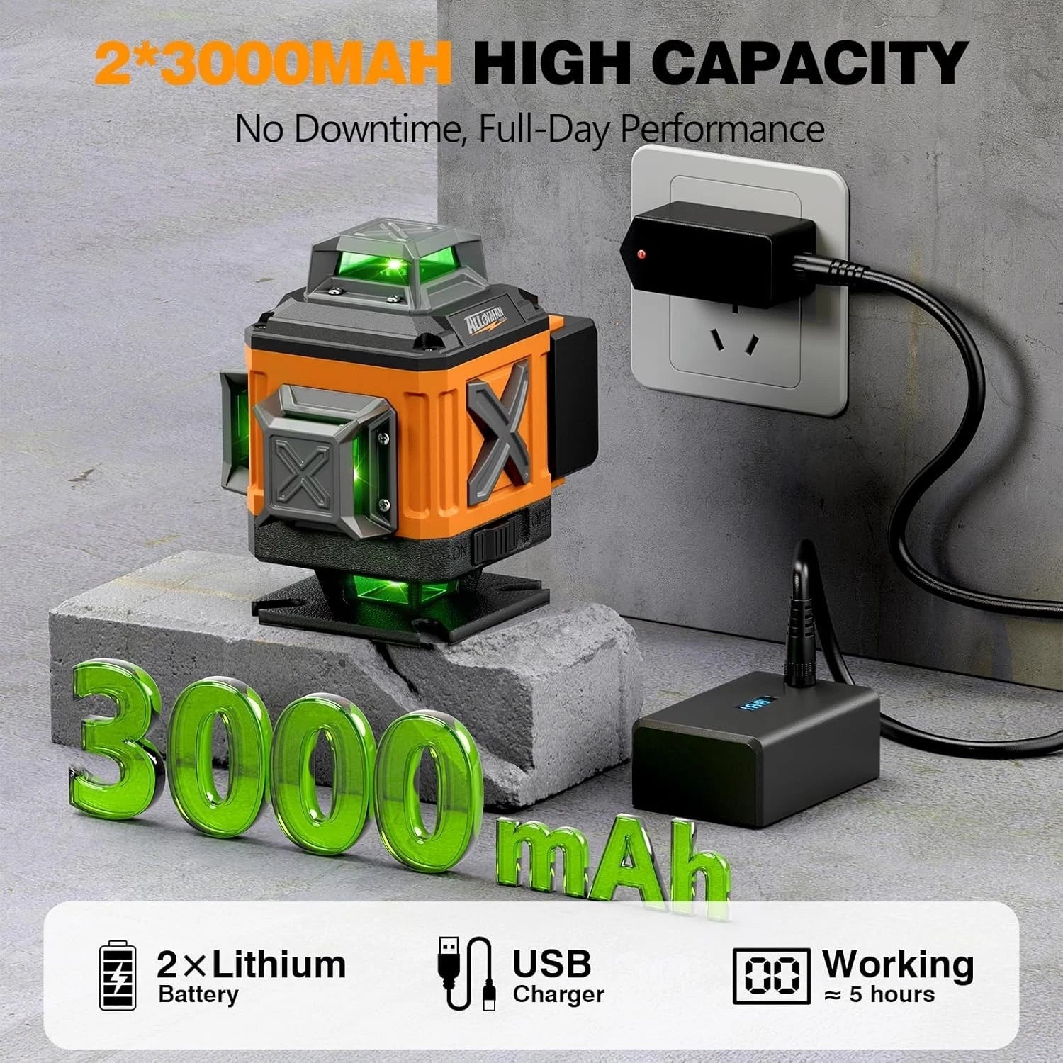 Alloyman Laser Level 4 x 360 Self-Leveling with Tripod, 16 Line Green 4D, ALS360