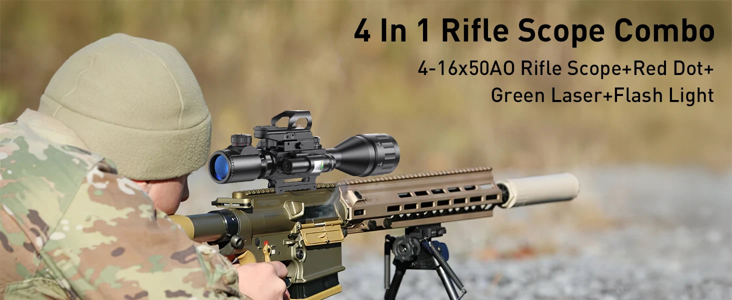 Qande 4-16x50AO Rifle Scope Red/Green Illuminated Reflex with Green Laser Sight